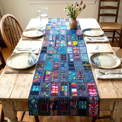 Guatemalan Huipil Table Runner 18x54, Handwoven Maya Patchwork Table Runner, Blue Bohemian Fabric Table Decor, Authentic Vintage Ethnic Gift