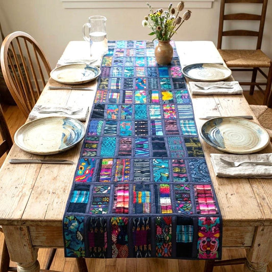 Guatemalan Huipil Table Runner 18x54, Handwoven Maya Patchwork Table Runner, Blue Bohemian Fabric Table Decor, Authentic Vintage Ethnic Gift