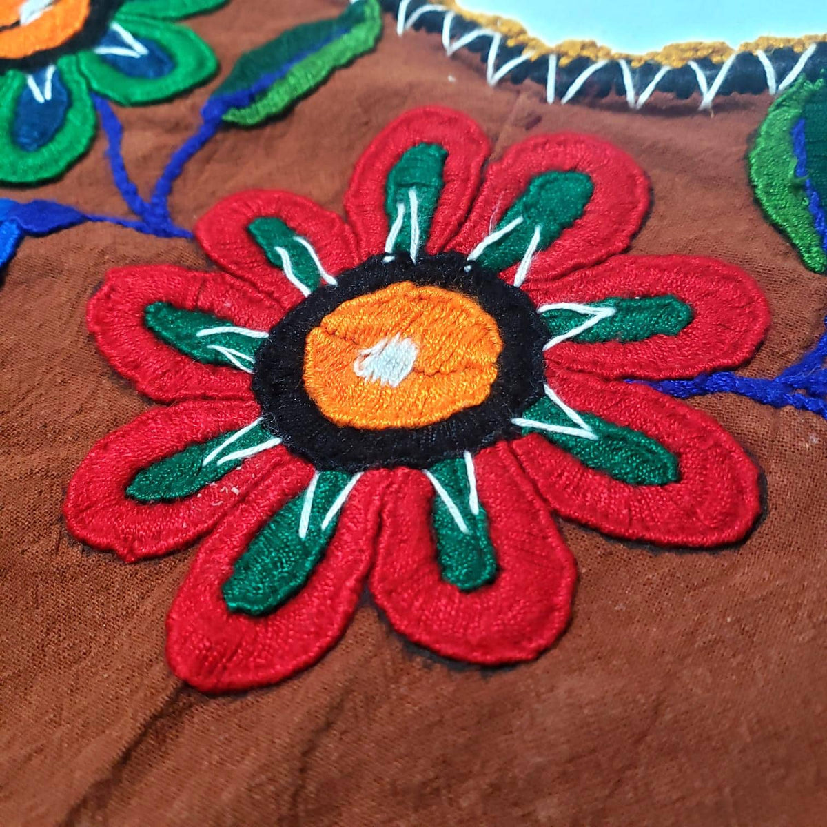 Hand Embroidered Brown Mexican Huipil Top - Traditional Guatemalan Floral Blouse from San Juan Chamelco - Boho Folk Embroidered Cotton Shirt