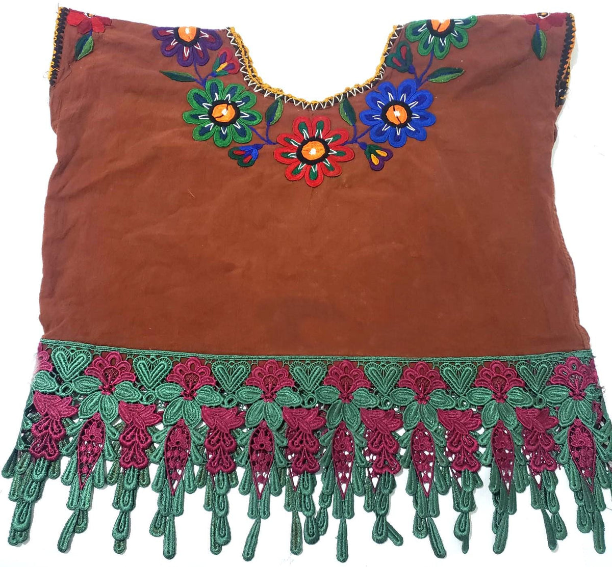 Hand Embroidered Brown Mexican Huipil Top - Traditional Guatemalan Floral Blouse from San Juan Chamelco - Boho Folk Embroidered Cotton Shirt