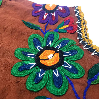 Hand Embroidered Brown Mexican Huipil Top - Traditional Guatemalan Floral Blouse from San Juan Chamelco - Boho Folk Embroidered Cotton Shirt