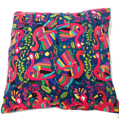 Upcycled Huipil PILLOW Case, Cushion Cover 19x19 inches, Handmade Blue PEACOCKS and FLORAL Textile