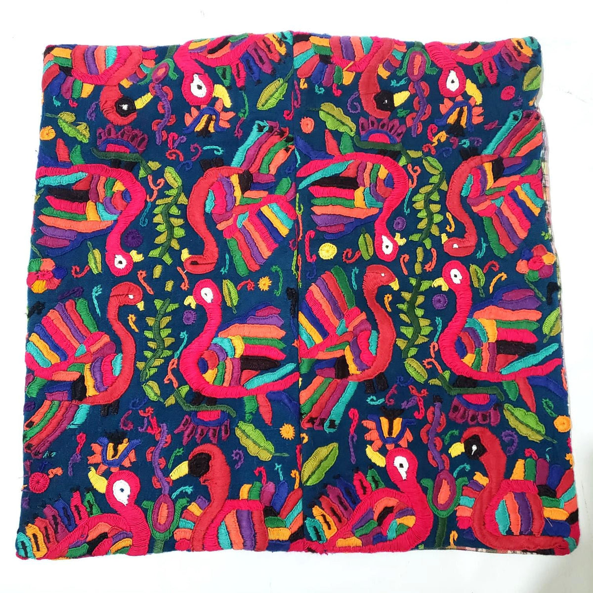 Upcycled Huipil PILLOW Case, Cushion Cover 19x19 inches, Handmade Blue PEACOCKS and FLORAL Textile