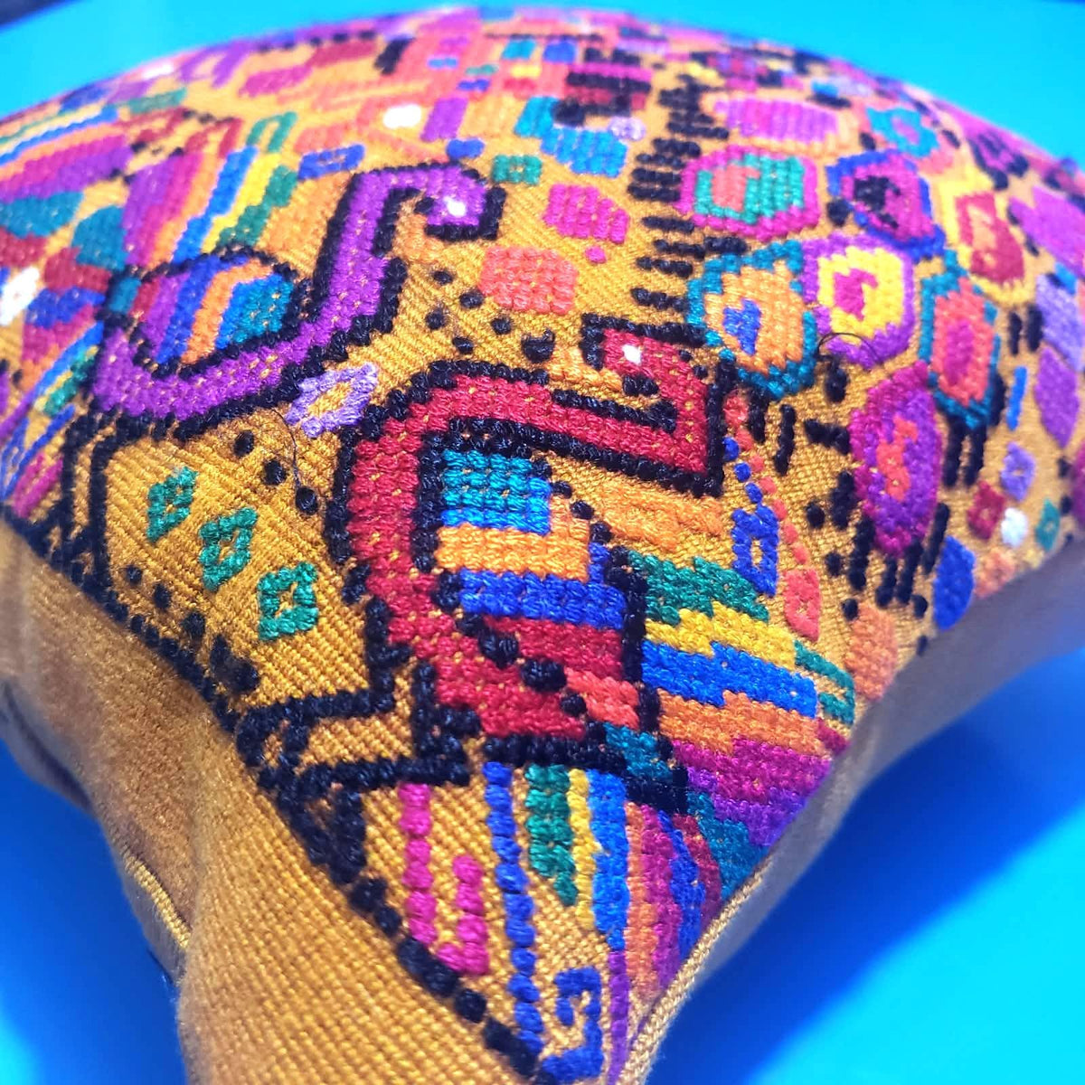 Guatemalan Handwoven Throw Pillow with Insert 10x10, Mustard Yellow Peacock Cushion, Boho Decorative Pillow