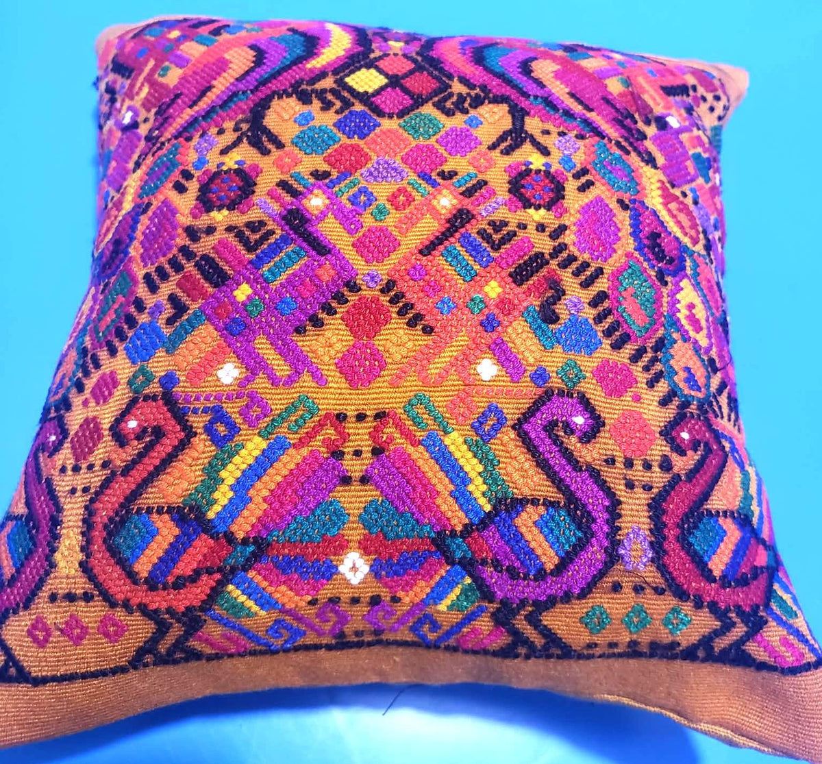Guatemalan Handwoven Throw Pillow with Insert 10x10, Mustard Yellow Peacock Cushion, Boho Decorative Pillow