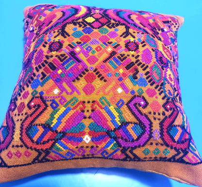Guatemalan Handwoven Throw Pillow with Insert 10x10, Mustard Yellow Peacock Cushion, Boho Decorative Pillow