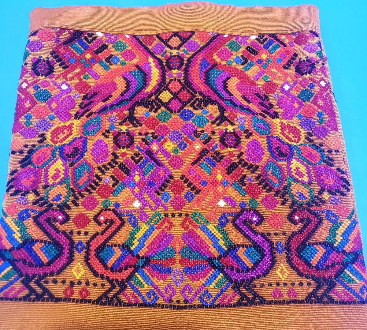Guatemalan Handwoven Throw Pillow with Insert 10x10, Mustard Yellow Peacock Cushion, Boho Decorative Pillow