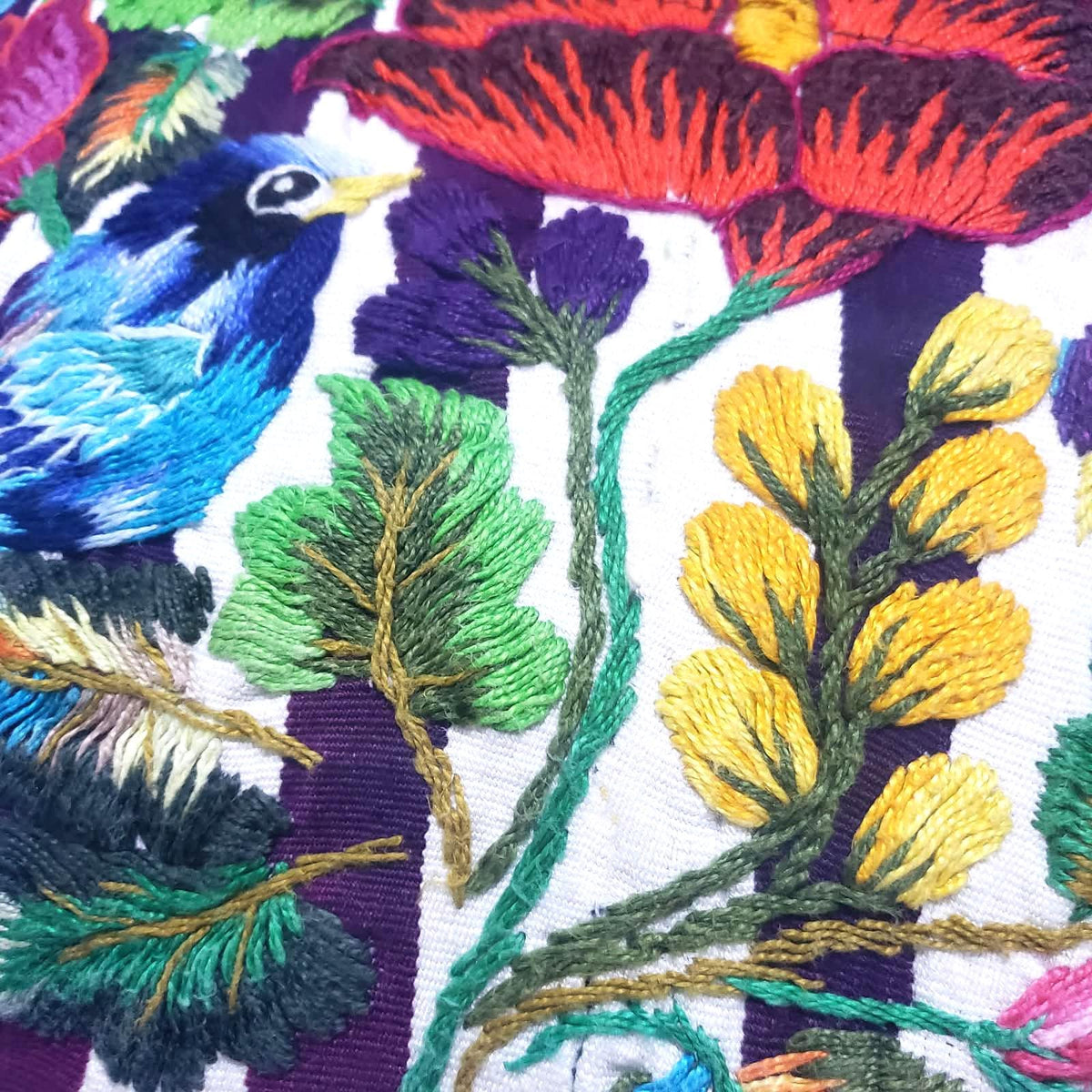 Guatemalan Hand Embroidered Pillow with Insert 14x12, Blue Bird Floral Accent Cushion, Striped Boho Throw Pillow Santiago Atitlan Folk Art