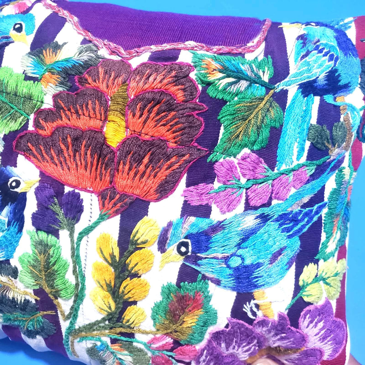 Guatemalan Hand Embroidered Pillow with Insert 14x12, Blue Bird Floral Accent Cushion, Striped Boho Throw Pillow Santiago Atitlan Folk Art