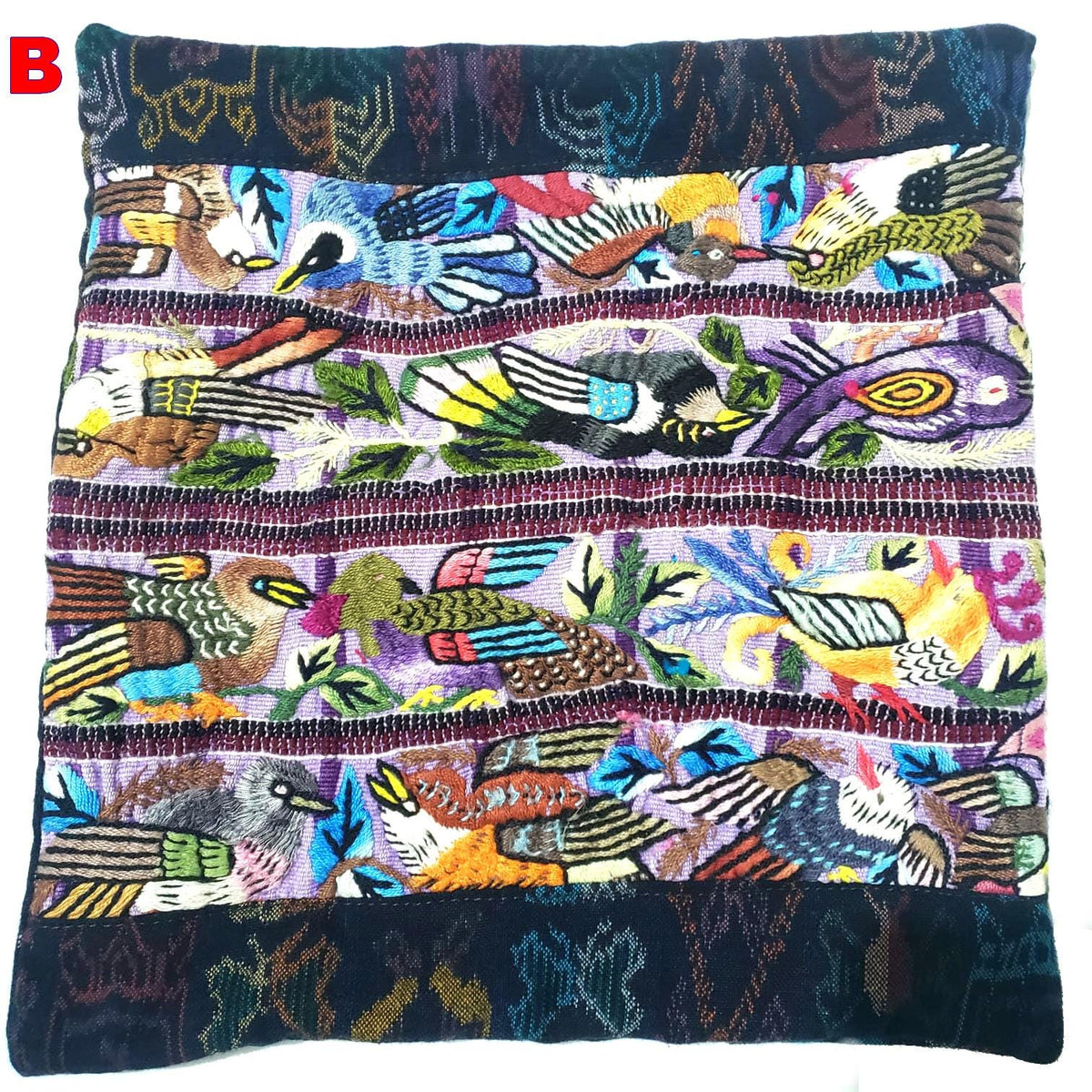 Hand Embroidered Bird Pillow 10x10, Guatemalan Huipil Cushion Cover, Handwoven Mayan Artisan Pillow, Bohemian Accent Pillow