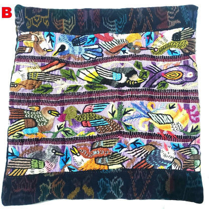 Hand Embroidered Bird Pillow 10x10, Guatemalan Huipil Cushion Cover, Handwoven Mayan Artisan Pillow, Bohemian Accent Pillow