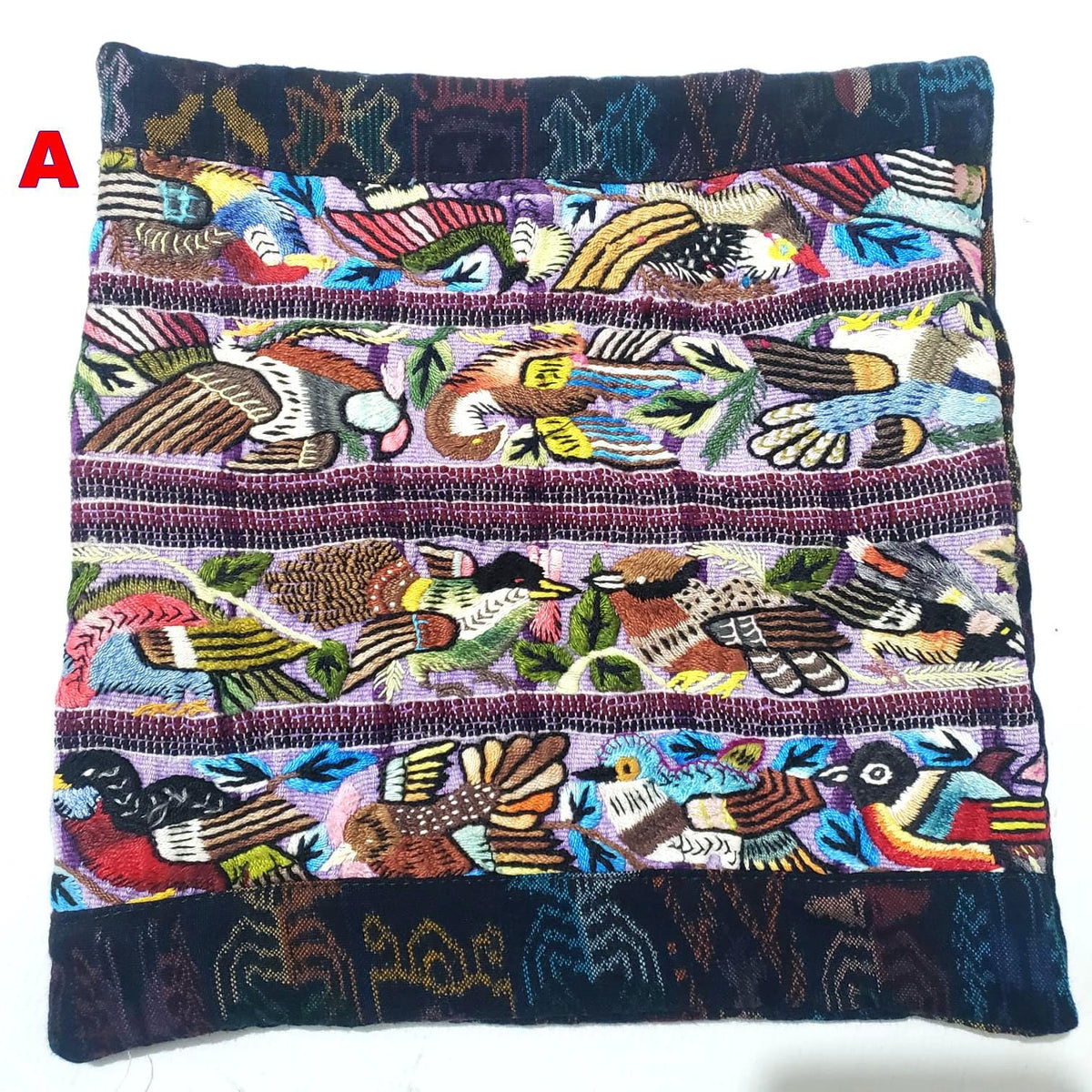 Hand Embroidered Bird Pillow 10x10, Guatemalan Huipil Cushion Cover, Handwoven Mayan Artisan Pillow, Bohemian Accent Pillow
