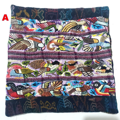 Hand Embroidered Bird Pillow 10x10, Guatemalan Huipil Cushion Cover, Handwoven Mayan Artisan Pillow, Bohemian Accent Pillow