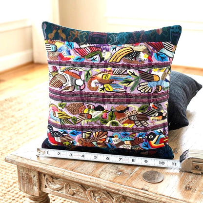 Hand Embroidered Bird Pillow 10x10, Guatemalan Huipil Cushion Cover, Handwoven Mayan Artisan Pillow, Bohemian Accent Pillow