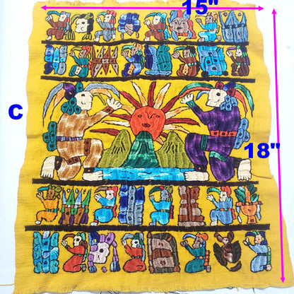 Hand Embroidered Mayan Calendar Tapestry, Guatemalan Wall Hanging, Silk Thread Folk Art Textile, Santiago Atitlan Fabric, Boho Home Decor