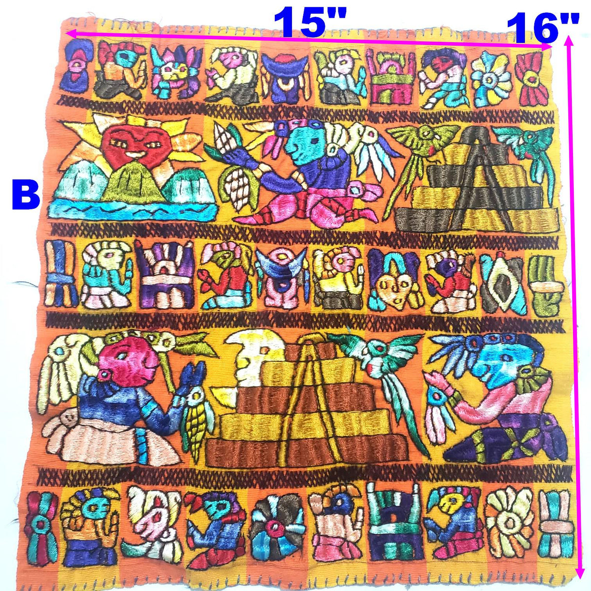 Hand Embroidered Mayan Calendar Tapestry, Guatemalan Wall Hanging, Silk Thread Folk Art Textile, Santiago Atitlan Fabric, Boho Home Decor