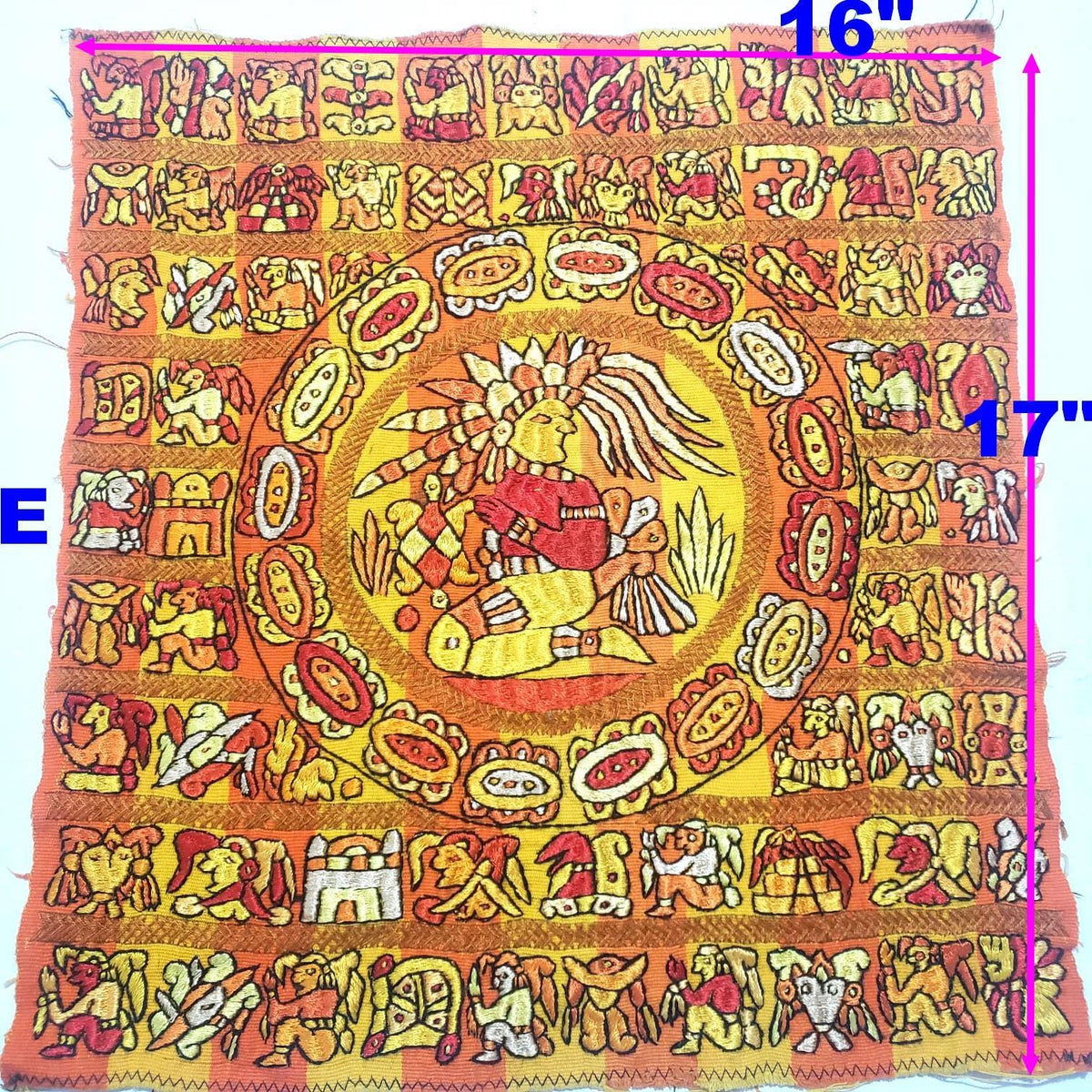 Hand Embroidered Mayan Calendar Tapestry, Guatemalan Wall Hanging, Silk Thread Folk Art Textile, Santiago Atitlan Fabric, Boho Home Decor