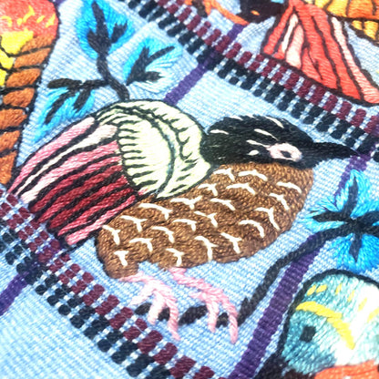 Hand Embroidered Guatemalan Wall Tapestry, Multicolored Bird Textile Art from Santiago Atitlan, Handwoven Light Blue Cloth, 17x34 In