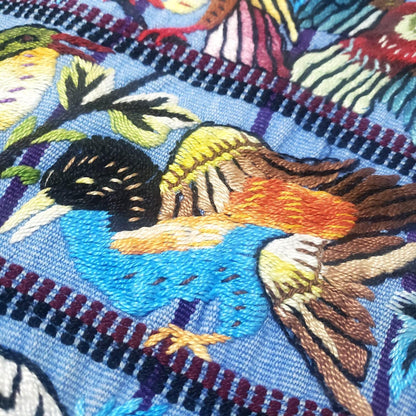 Hand Embroidered Guatemalan Wall Tapestry, Multicolored Bird Textile Art from Santiago Atitlan, Handwoven Light Blue Cloth, 17x34 In