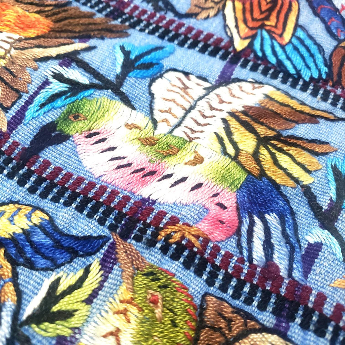 Hand Embroidered Guatemalan Wall Tapestry, Multicolored Bird Textile Art from Santiago Atitlan, Handwoven Light Blue Cloth, 17x34 In