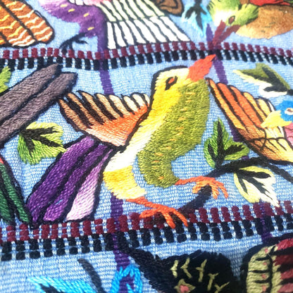 Hand Embroidered Guatemalan Wall Tapestry, Multicolored Bird Textile Art from Santiago Atitlan, Handwoven Light Blue Cloth, 17x34 In