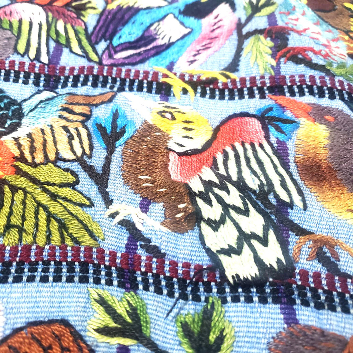 Hand Embroidered Guatemalan Wall Tapestry, Multicolored Bird Textile Art from Santiago Atitlan, Handwoven Light Blue Cloth, 17x34 In