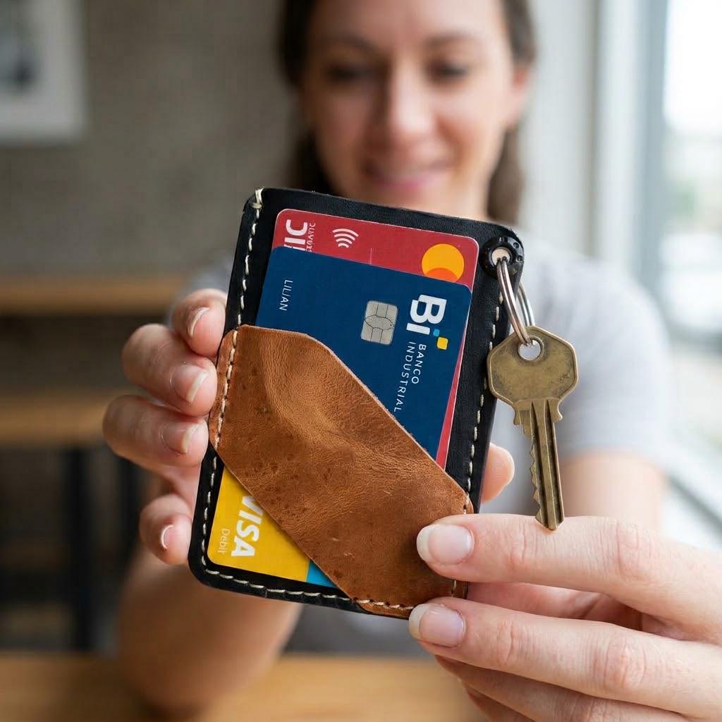 Handcrafted Leather Card Holder Keychain, Slim Minimalist Wallet for Women & Men, Small Credit Card Case with Key Ring, Fair Trade Gift