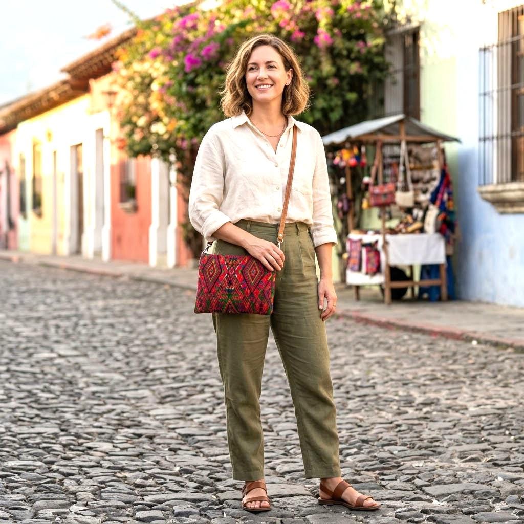 Guatemalan Leather Huipil Crossbody Clutch: Mayan Woven Purse