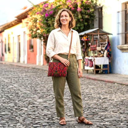 Guatemalan Leather Huipil Crossbody Clutch: Mayan Woven Purse