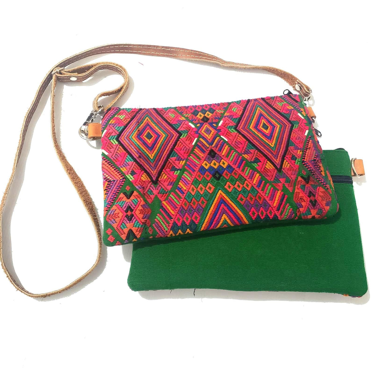 Guatemalan Leather Huipil Crossbody Clutch: Mayan Woven Purse