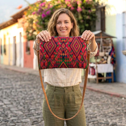 Guatemalan Leather Huipil Crossbody Clutch: Mayan Woven Purse