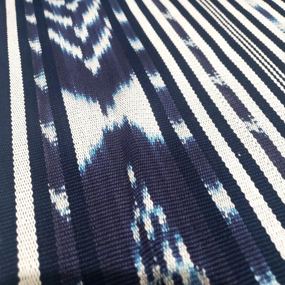 Handwoven Guatemalan Textile Fabric, Ethnic Stripe Cotton, black Indigo white ikat 36 in