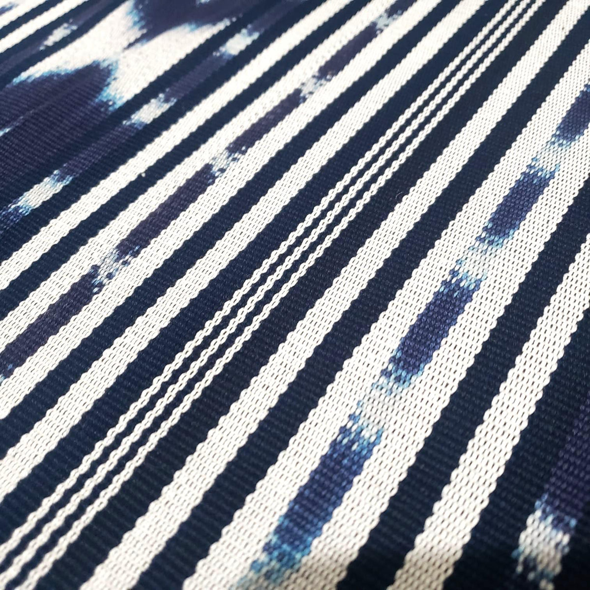 Handwoven Guatemalan Textile Fabric, Ethnic Stripe Cotton, black Indigo white ikat 36 in