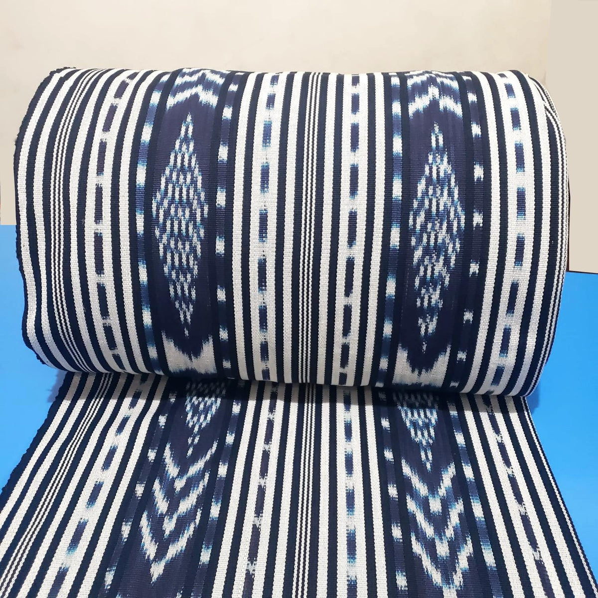 Handwoven Guatemalan Textile Fabric, Ethnic Stripe Cotton, black Indigo white ikat 36 in