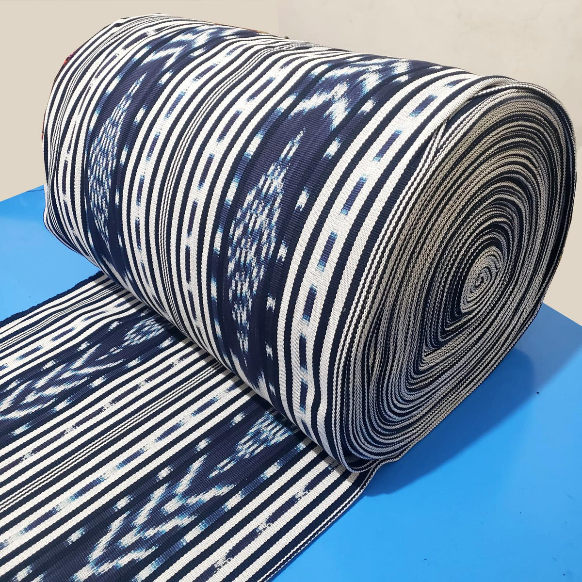 Handwoven Guatemalan Textile Fabric, Ethnic Stripe Cotton, black Indigo white ikat 36 in