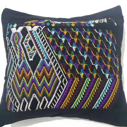 Nebaj Hand Weaved Pillow, MAYAN EAGLE Horse Weaved Cushion Customizable Size, BLACK Pillow Case