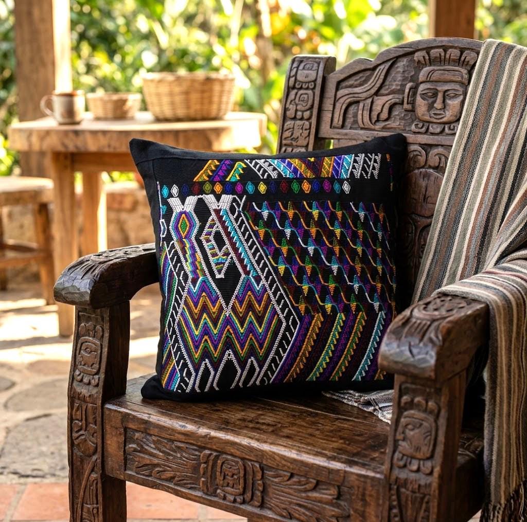 Nebaj Hand Weaved Pillow, MAYAN EAGLE Horse Weaved Cushion Customizable Size, BLACK Pillow Case