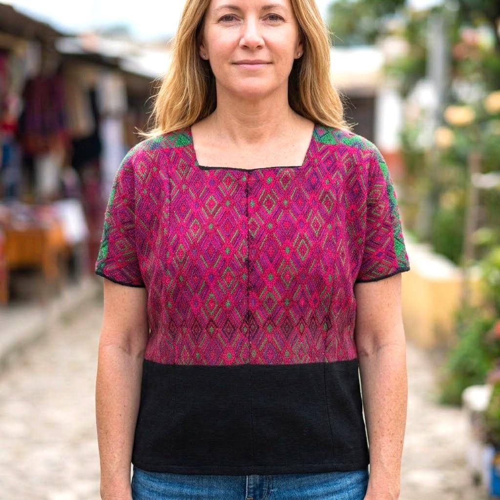 Handwoven Guatemalan Huipil Blouse from Santa María de Jesús - Geometric Brocade Top, Pink Green Purple Mayan Textile, Boho Ethnic Blouse