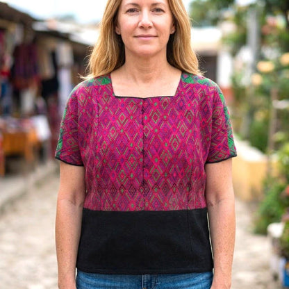 Handwoven Guatemalan Huipil Blouse from Santa María de Jesús - Geometric Brocade Top, Pink Green Purple Mayan Textile, Boho Ethnic Blouse
