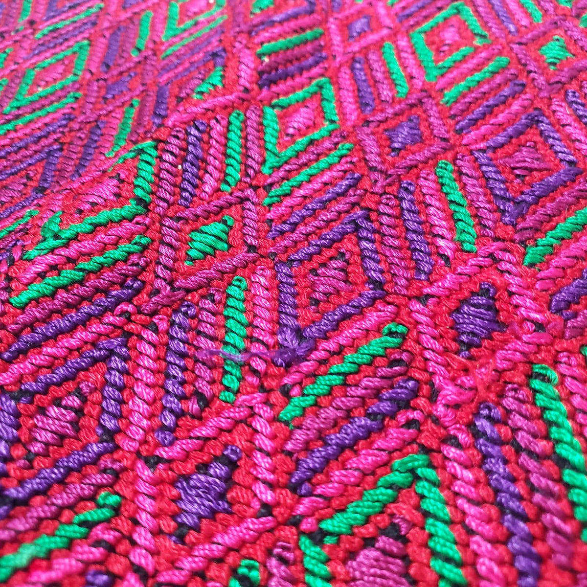 Handwoven Guatemalan Huipil Blouse from Santa María de Jesús - Geometric Brocade Top, Pink Green Purple Mayan Textile, Boho Ethnic Blouse