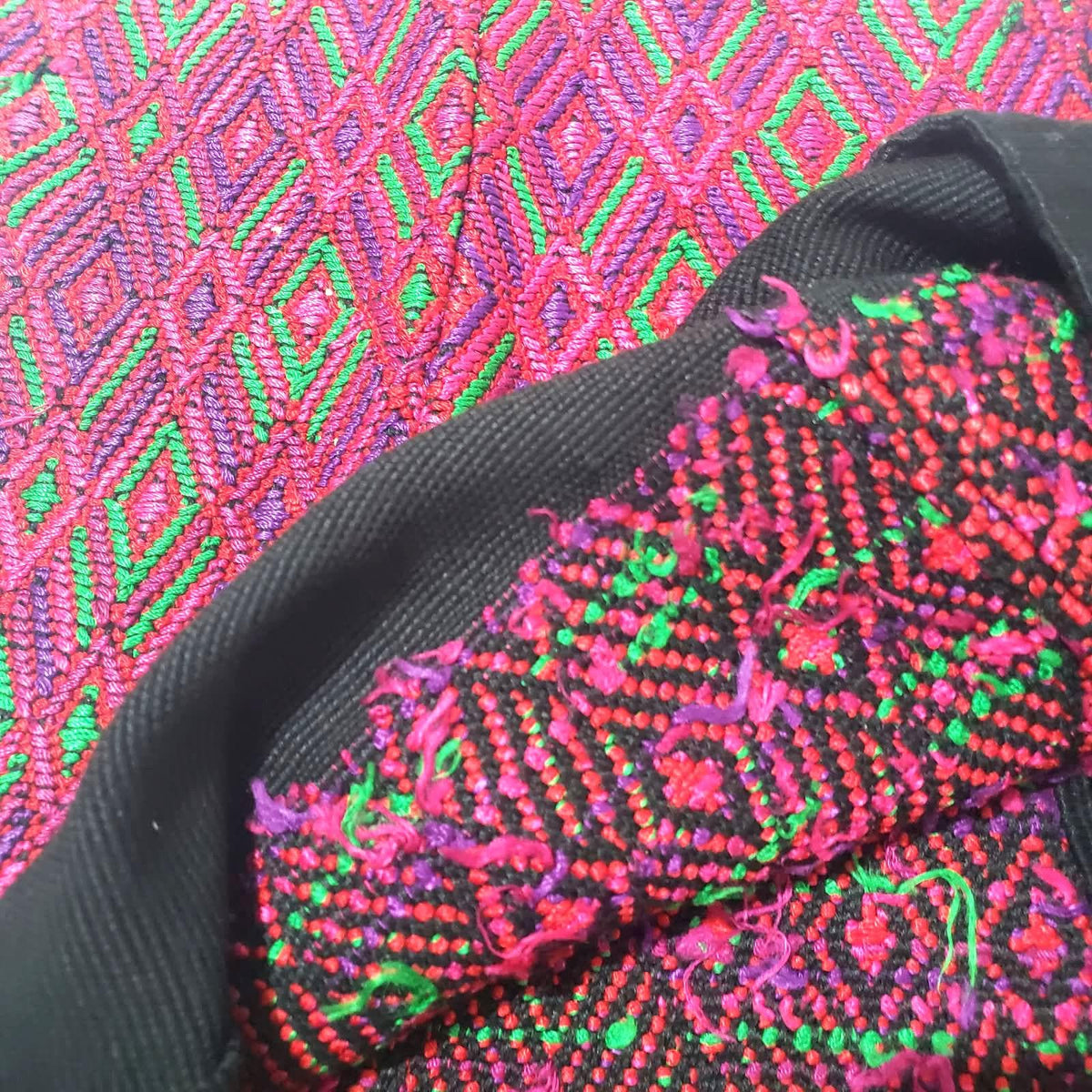 Handwoven Guatemalan Huipil Blouse from Santa María de Jesús - Geometric Brocade Top, Pink Green Purple Mayan Textile, Boho Ethnic Blouse