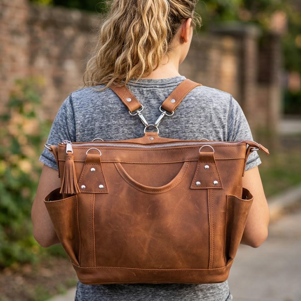 Genuine Leather Convertible Backpack Diaper Bag: Full Grain Dark Brown