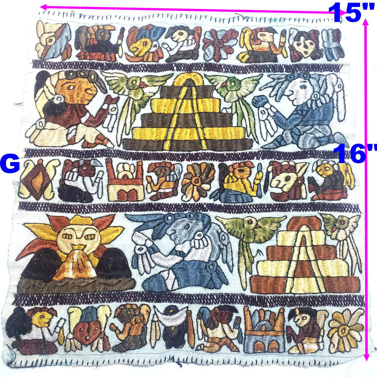 Hand Embroidered Mayan Calendar Tapestry, Guatemalan Wall Hanging, Silk Thread Folk Art Textile, Santiago Atitlan Fabric, Boho Home Decor