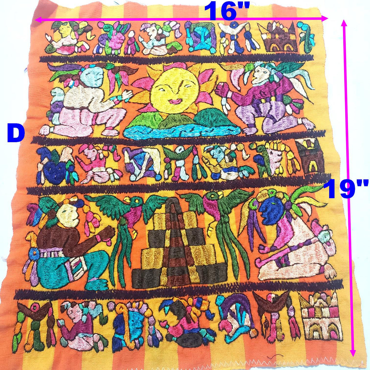 Hand Embroidered Mayan Calendar Tapestry, Guatemalan Wall Hanging, Silk Thread Folk Art Textile, Santiago Atitlan Fabric, Boho Home Decor
