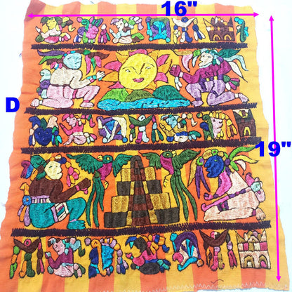 Hand Embroidered Mayan Calendar Tapestry, Guatemalan Wall Hanging, Silk Thread Folk Art Textile, Santiago Atitlan Fabric, Boho Home Decor