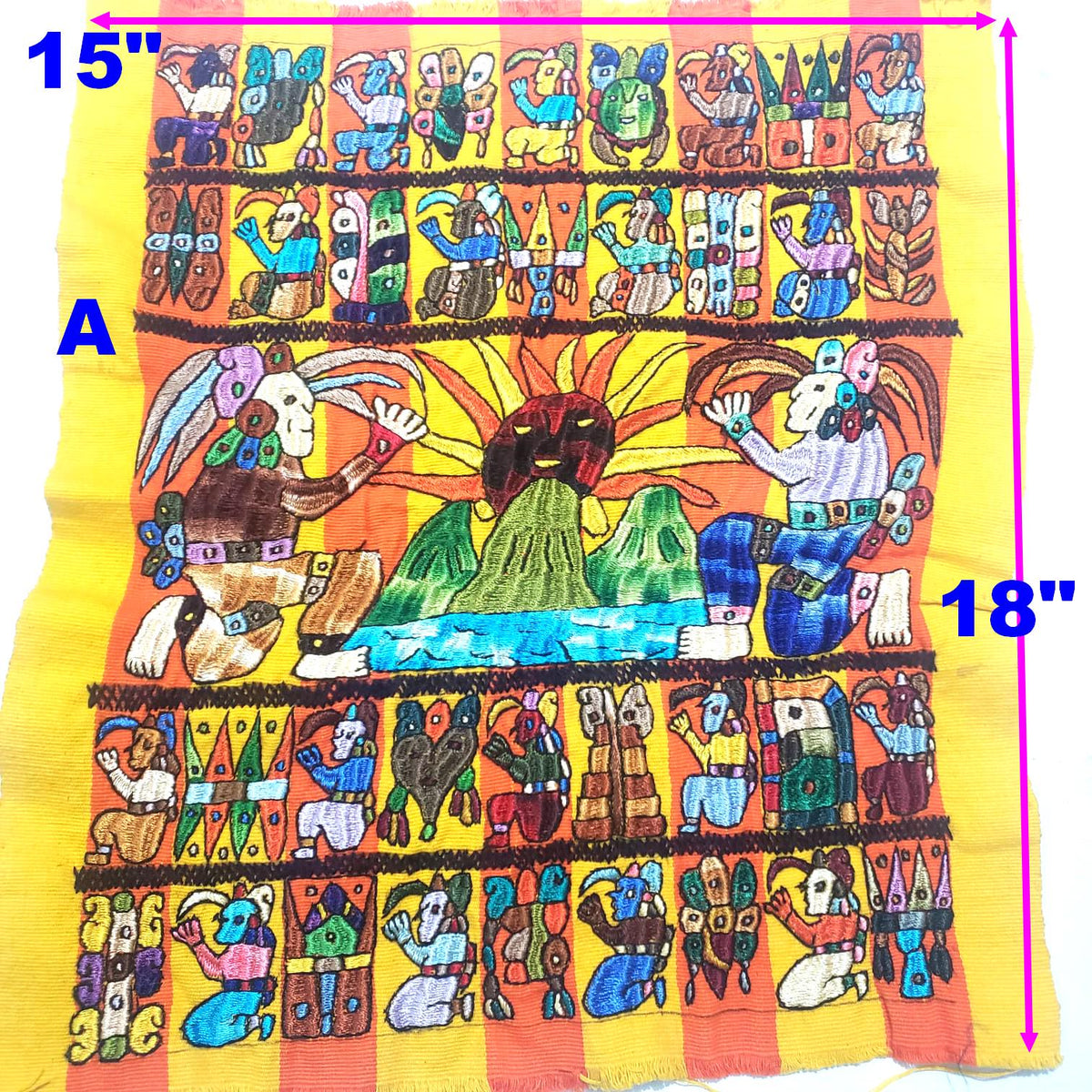 Hand Embroidered Mayan Calendar Tapestry, Guatemalan Wall Hanging, Silk Thread Folk Art Textile, Santiago Atitlan Fabric, Boho Home Decor