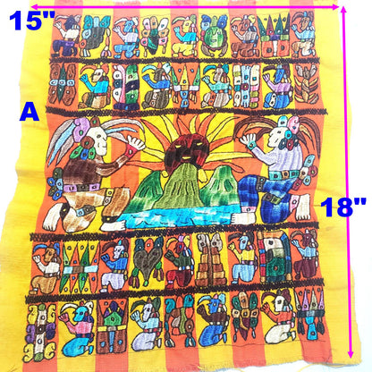 Hand Embroidered Mayan Calendar Tapestry, Guatemalan Wall Hanging, Silk Thread Folk Art Textile, Santiago Atitlan Fabric, Boho Home Decor
