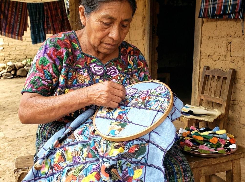 Hand Embroidered Guatemalan Wall Tapestry, Multicolored Bird Textile Art from Santiago Atitlan, Handwoven Light Blue Cloth, 17x34 In