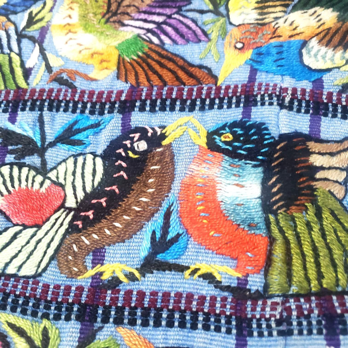 Hand Embroidered Guatemalan Wall Tapestry, Multicolored Bird Textile Art from Santiago Atitlan, Handwoven Light Blue Cloth, 17x34 In