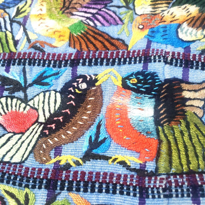 Hand Embroidered Guatemalan Wall Tapestry, Multicolored Bird Textile Art from Santiago Atitlan, Handwoven Light Blue Cloth, 17x34 In